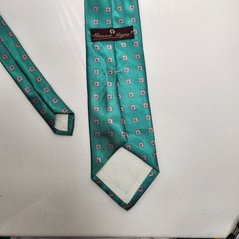 Etienne Aigner Mens Silk Necktie Green / Pink 56" Square Print - Picture 2 of 3